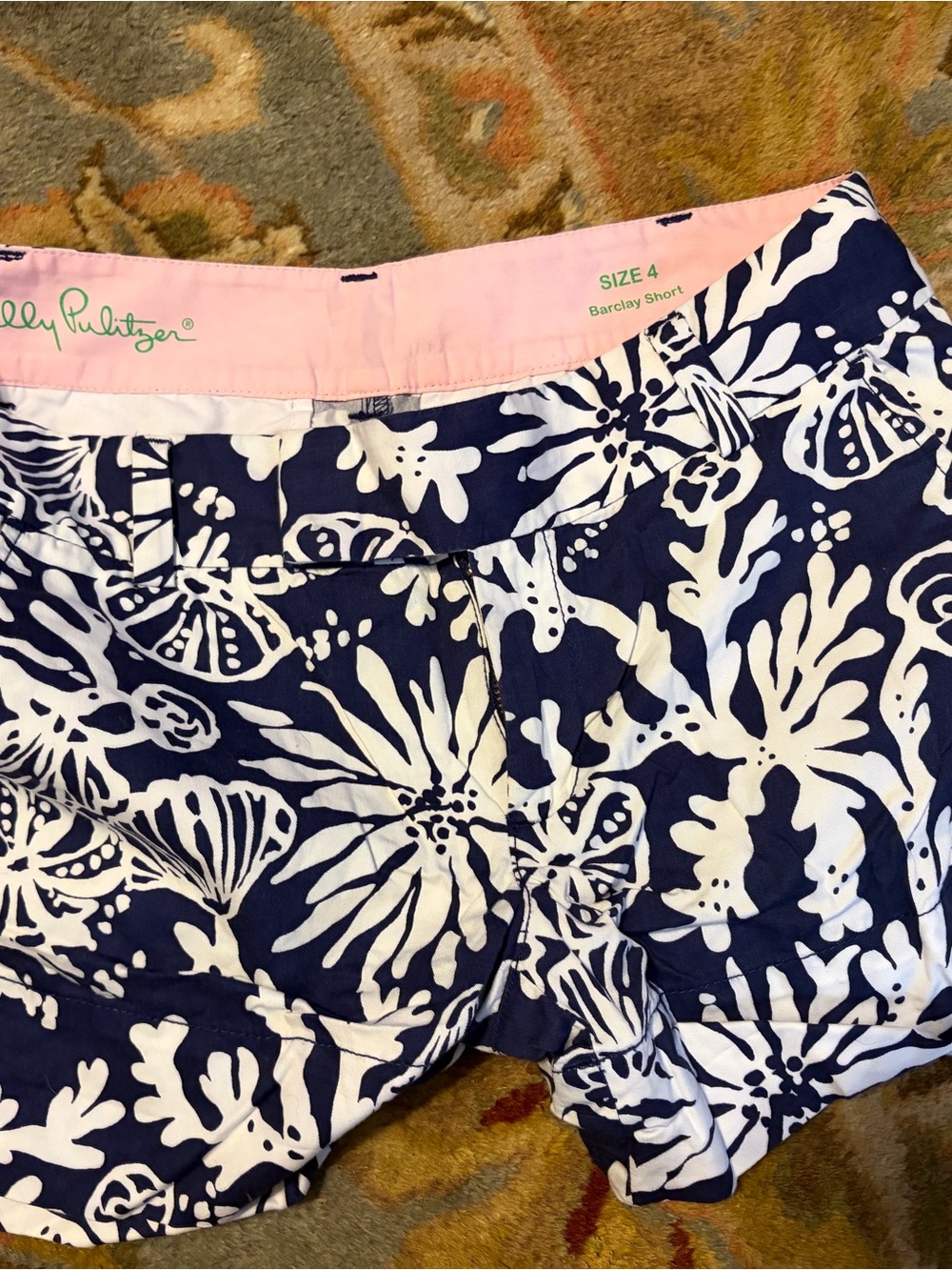 Lilly Pulitzer Navy & White Floral Barclay Shorts with Pink Waistband